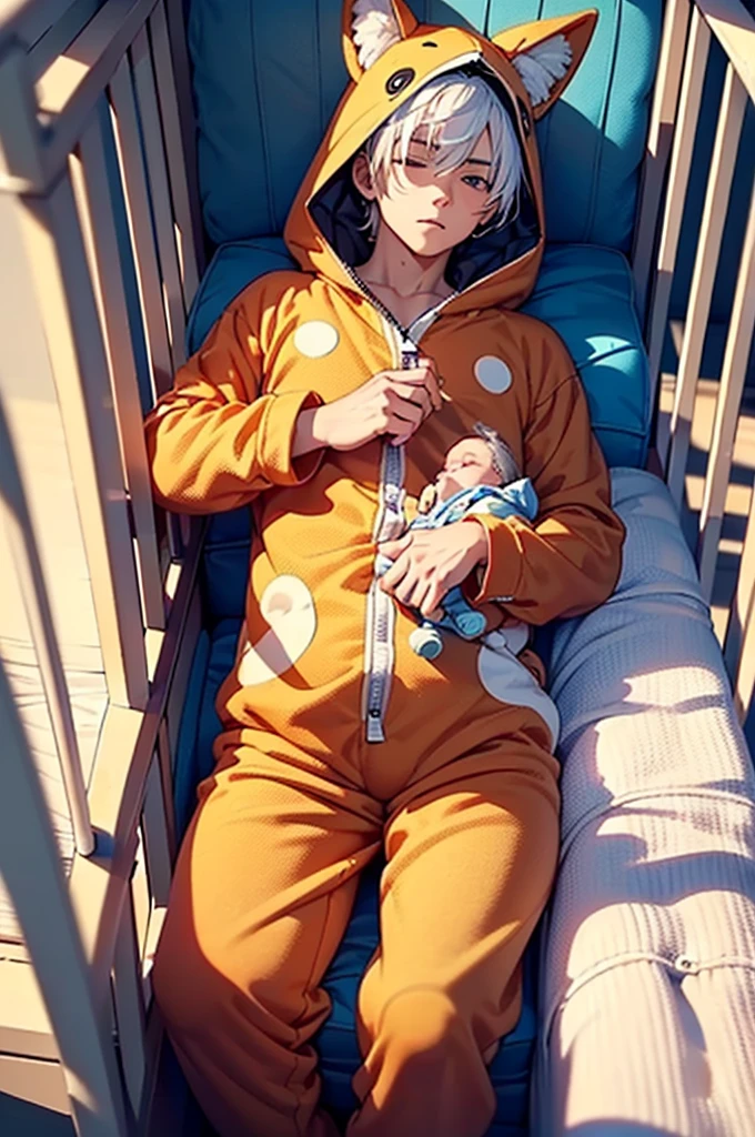 A teenage boy with white hair in a large nursery, (playing with baby toys), ((wearing a fox onesie)), (((wearing a diaper))), [[sleeping]], (in a crib 1.5), stuffed animals, ((1boy)), (pacifier 1.5), high quality, extremely detailed, highly detailed, masterpiece, soft lighting, warm colors, pastel colors, detailed environment,

