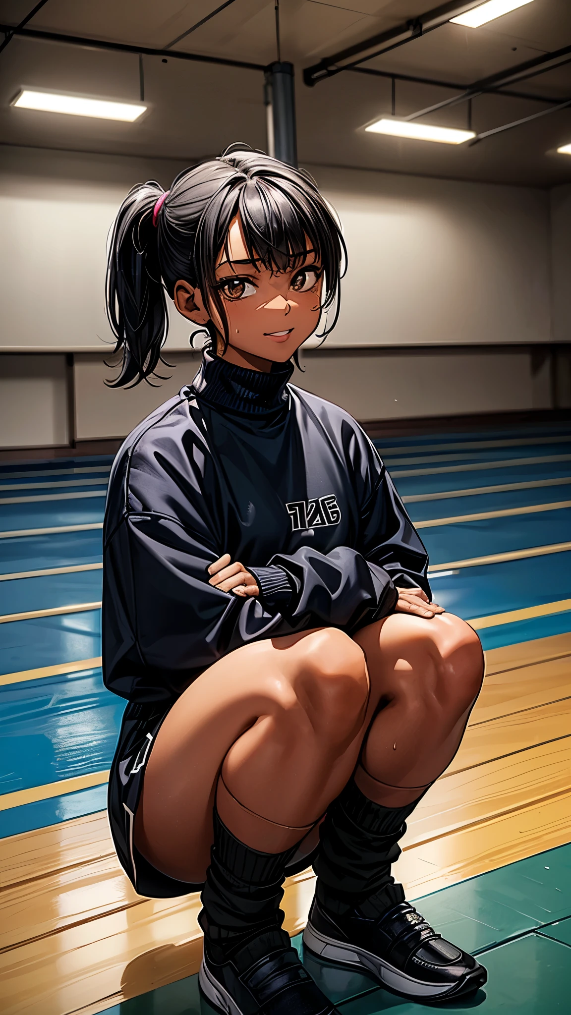 ((Face focus2.0)),,Inside the sports gym,inside the dance studio,((squatting)),One girl,sweat,(dark skin color),short black hair,seductive smile,high-neck-leotard,((loose socks2.0)),((loose socks2.0)),sneaker.