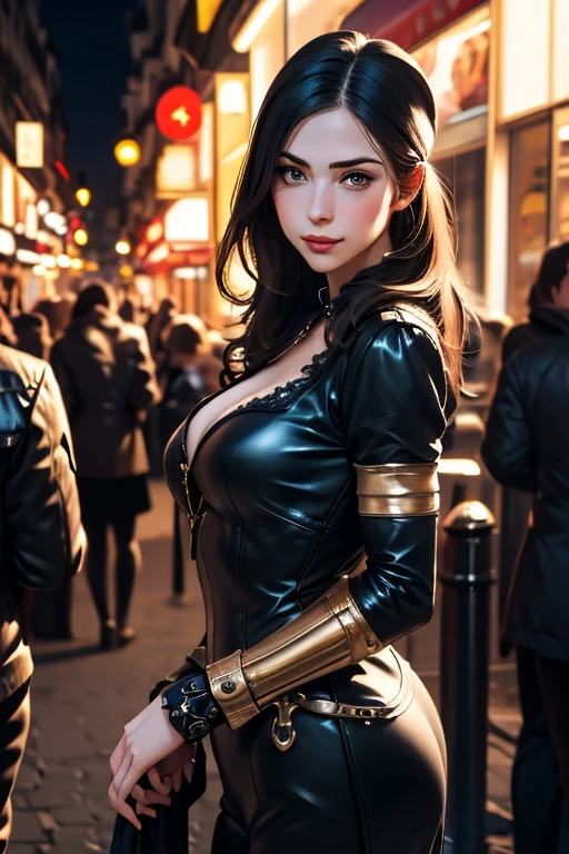 Highest quality High resolution London by night Cute woman in steampunk costume