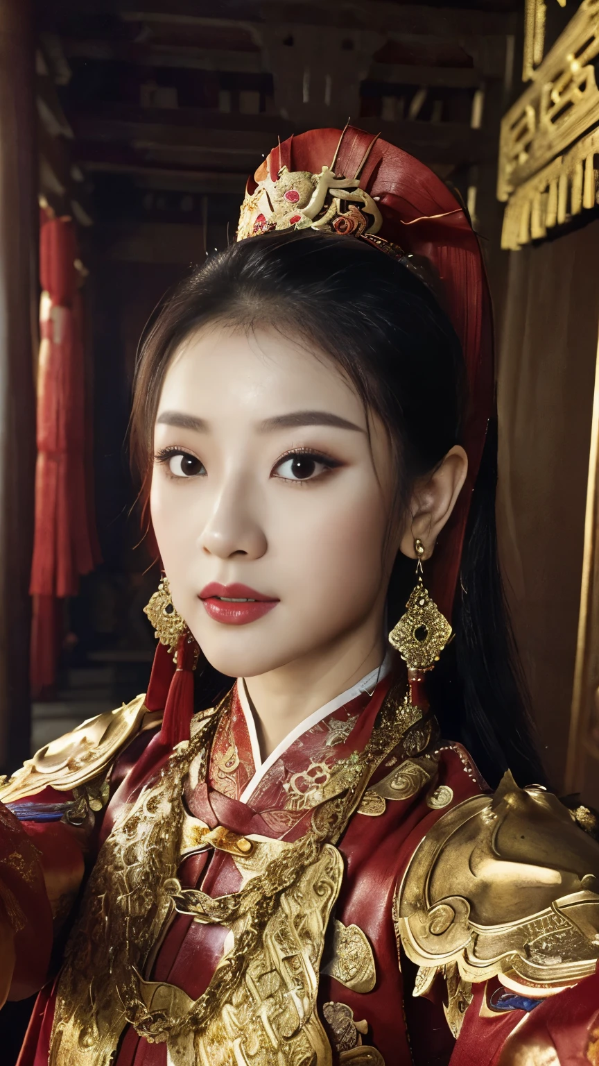 (((Selfie:1.3))), ancient Chinese girl, 2 century, looking at viewer, beautiful Chinese  Young General, 26 years old, (Highly detailed face, Ordinary eyes,  Tapered eyebrows, Black eye, Variegated eyes, Fuller lips, little Lips, Silas, Chinese line earring ),(middle breasts, middle hip), (ancient Chinese costume, Red decoration leather armor emboss armor of dragon ,  chain inner clothes, put on a red silk cloak , red leather head band ), (holding a ancient Chinese long pike), standing in Chinese Palace, near Garden, sunset ,(masterpiece, Highest quality, masterpiece, God-like quality, Godly art, , Very realistic)