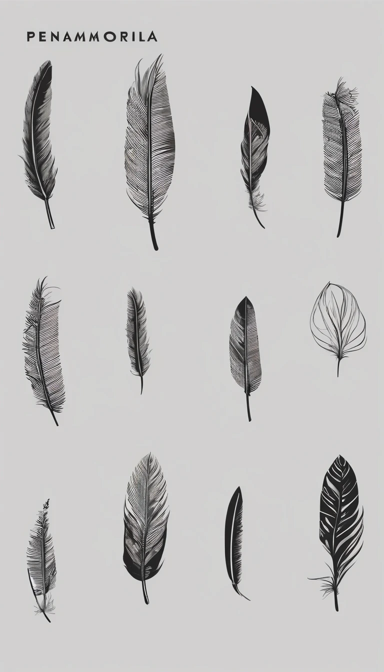 A minimal, modern, simple, cinematic logo design for the brand “Penamemoria". Create a modern, minimalistic, high-quality, logo of a feather that convey a sense of memories and dreams