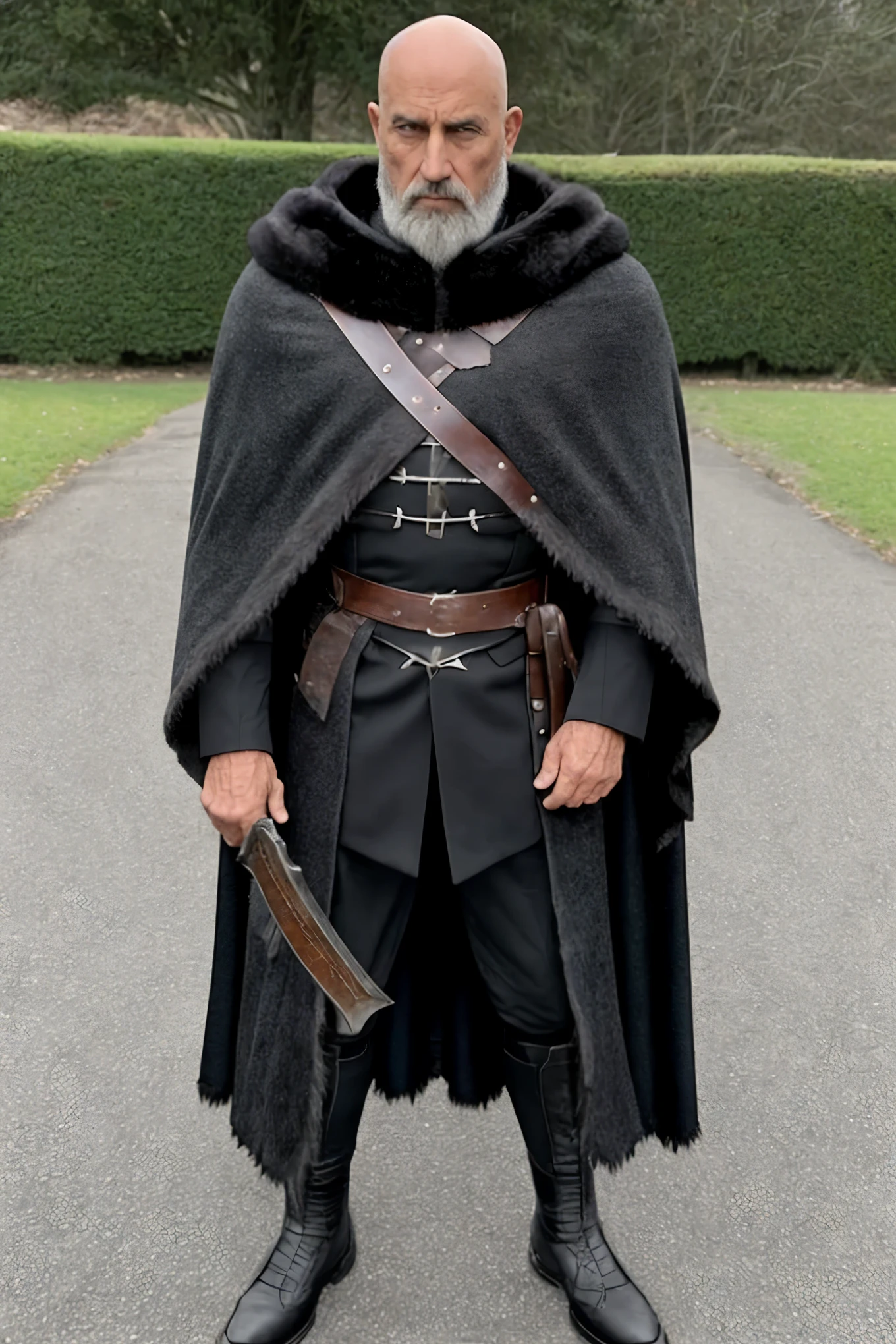 Man, 70 years old, exuding strength for his age, his immense bald head is speckled with age spots, a shaggy grey beard covering much of his chest, a fierce expression etched into his weathered face. Standing at a normal height, he dons a cloak made of thick, black fur, its edges frayed with time. The cloak falls to his knees, revealing a black wool doublet adorned with silvered bear-claw fastenings. Pairing this with black breaches, he carries an air of authority. A large sword is constant on his back, its blade gleaming menacingly under the sunlight. Perched upon his shoulder, there's