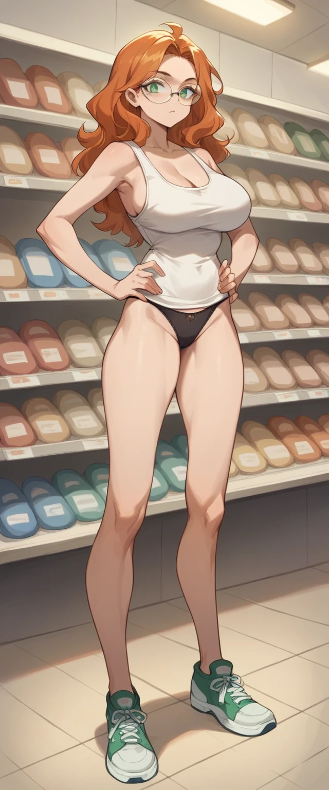 1 woman, wavy orange hair, green eyes , sly face , glasses , white tank top , black panties , abdomen, big breasts , Put your hands on your hips.... , spread your legs , canvas shoes , convenience store