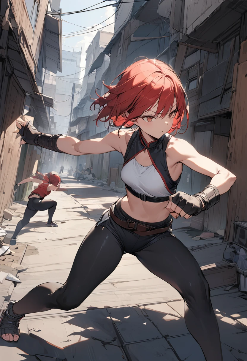 {{masterpiece}}, {{{best quality}}},{{ultra-detailed}}, {{illustration}},{{tall stature}},{{adult women}},skinny,Small breasts,Slender body,{{fighting stance}},((Leggings with integrated shorts)),((Black leggings)) Female Fighter　Red hair short cut　Sleeveless blouse　Martial Arts Belt　,Chinese style,Cowboy Shot, black fingerless gloves,Street Fight,Slums during the day,1 female,alone, Elbow guard
