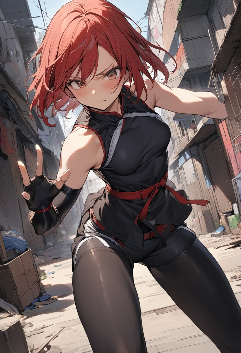 {{masterpiece}}, {{{best quality}}},{{ultra-detailed}}, {{illustration}},{{tall stature}},{{adult women}},skinny,Small breasts,Slender body,{{fighting stance}},((Leggings with integrated shorts)),((Black leggings)) Female Fighter Red hair short cut Sleeveless blouse Martial Arts Belt ,Chinese style,Cowboy Shot, black fingerless gloves,Street Fight,Slums during the day,1 female,alone, Elbow guard