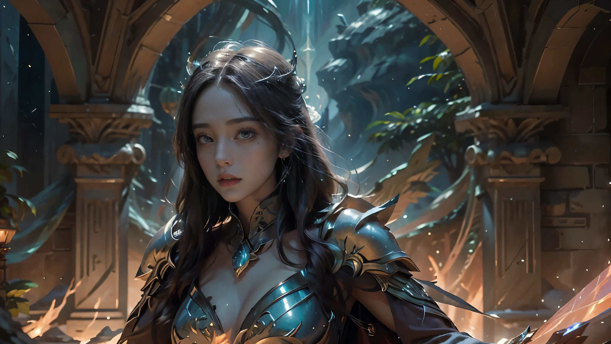 masterpiece, rest, best quality, Very detailed, Super real, 16K, high resolution, castle，jungle, ((Starry Sky)),Female Mage，Gorgeous armor，Complex Mode，Large Breasts，Pretty Face，Closed mouth，dramatic，Half-length photo，Glowing scepter