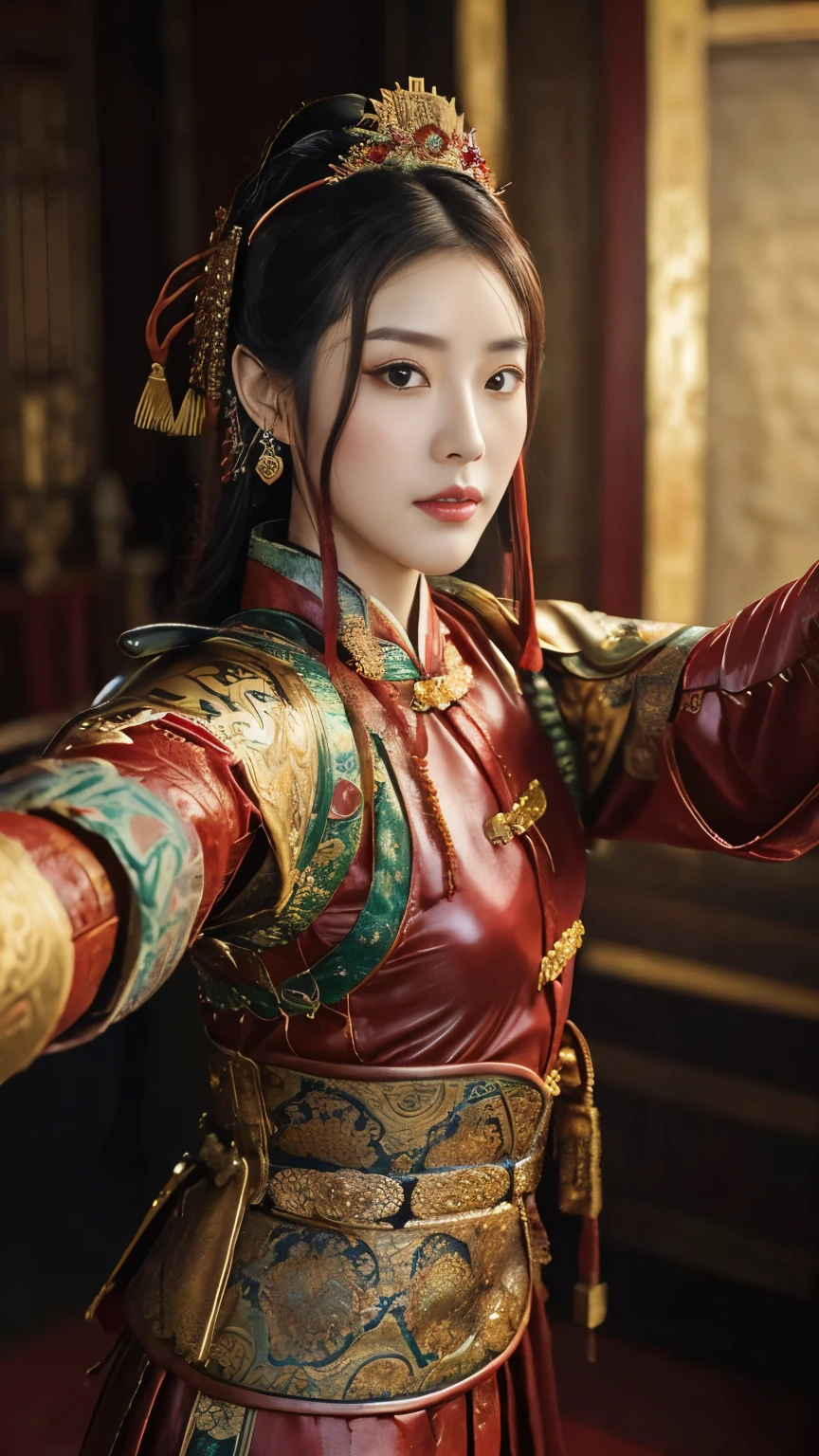 (((Selfie:1.3))), ancient Chinese girl, 2 century, looking at viewer, beautiful Chinese Young General, 26 years old, (Highly detailed face, Ordinary eyes, Tapered eyebrows, Black eye, Variegated eyes, Fuller lips, little Lips, Silas, Chinese line earring ),(middle breasts, middle hip), (ancient Chinese costume, Red decoration leather armor emboss armor of dragon , chain inner clothes, put on a red silk cloak , red leather head band ), (holding a ancient Chinese long pike), standing in Chinese Palace, near Garden, sunset ,(masterpiece, Highest quality, masterpiece, God-like quality, Godly art, , Very realistic)