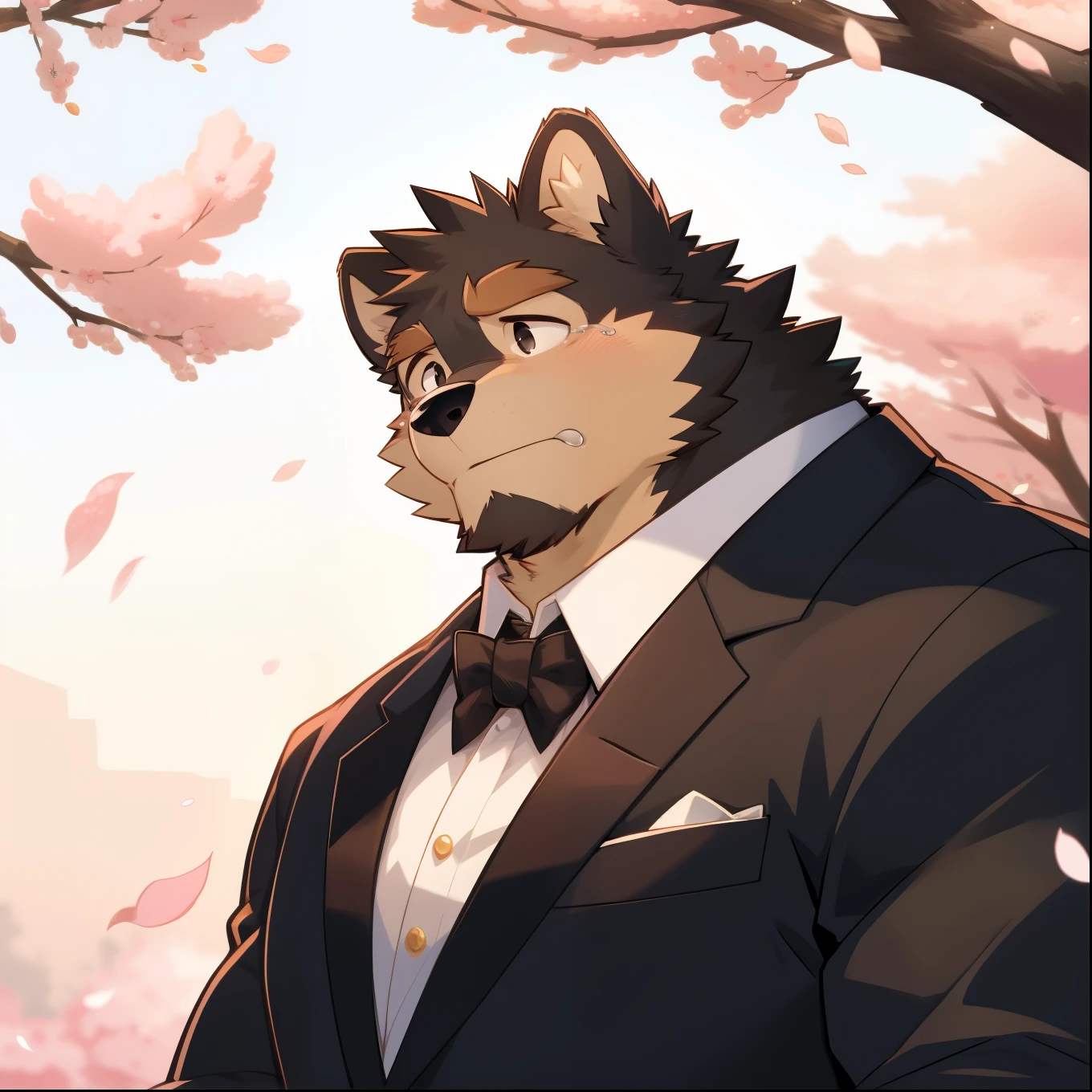 Scribble 德国牧羊dog face,cry,Humanity(dog),(Formal wear:1.3),Muscular,(Brown eyebrows:1.1),（Close one eye:1.2）,(Perfect black eyes),Cherry blossoms,Black fur。（artist:Takemoto Arashi）