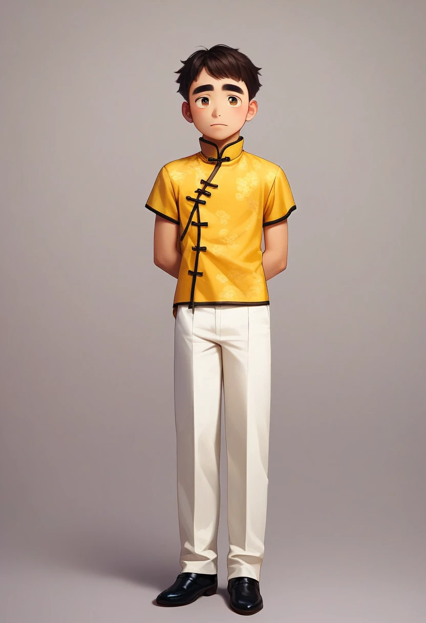 jackie_chu, black short hair, 1boy, male focus, brown eyes, arms behind back, thick eyebrows, asian, full body, slant eyes, silver, crystal tiara, traditional golden Chinese uniform, white pants, black shoes