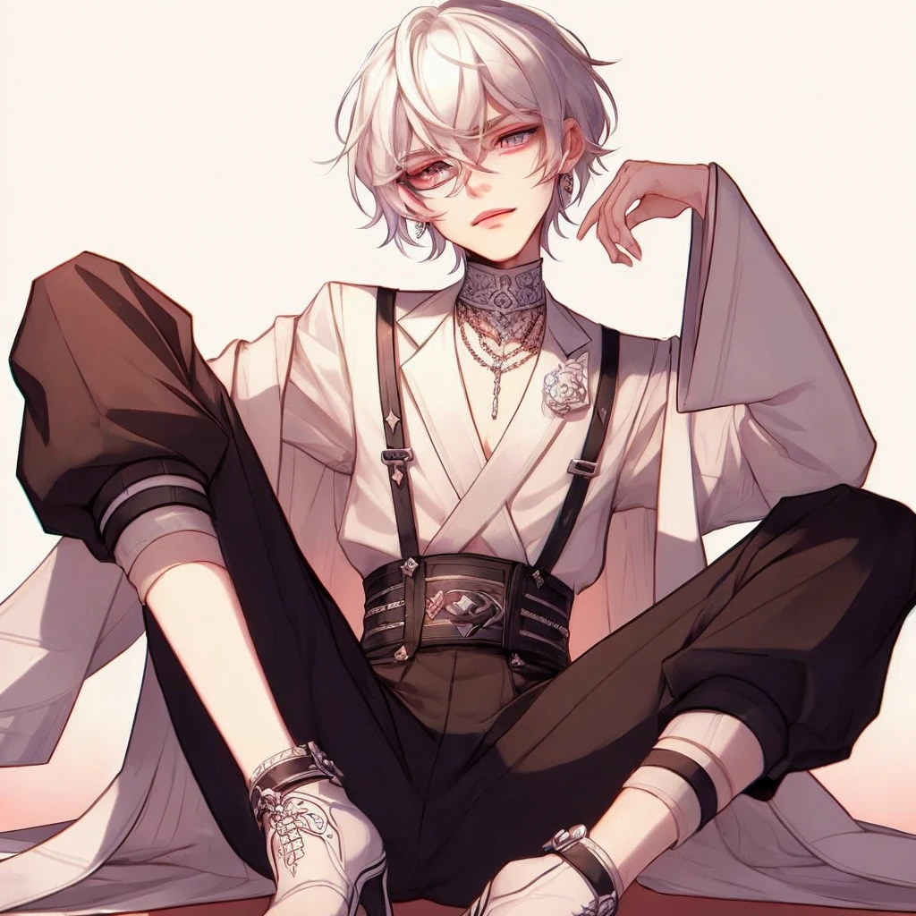 Male , 18 , white hair , blue eyes , cute , pretty , wearing black and red , gay , pretty boy
