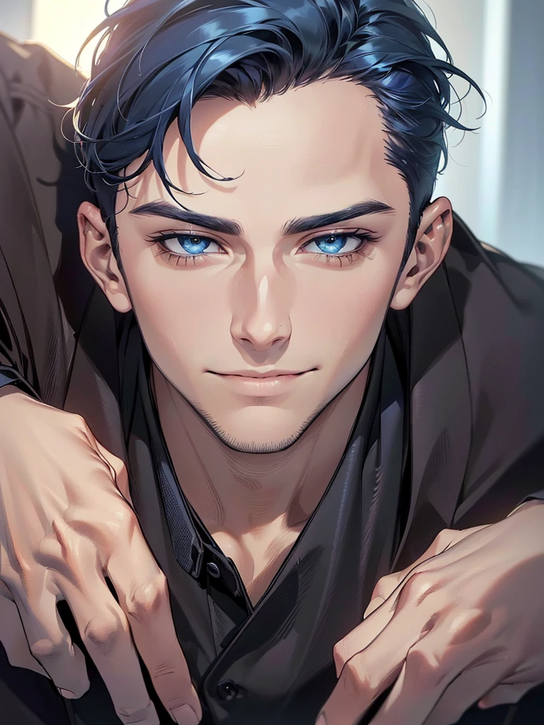 (best quality,4k,8k,highres,masterpiece:1.2),ultra-detailed,(realistic,photorealistic,photo-realistic:1.37),1 man,31 years old,mature man,very handsome,without expression,smile,short blue hair,blue eyes,penetrating gaze,perfect face without errors,imposing posture,businessman,office background,cinematic lighting,hdr image