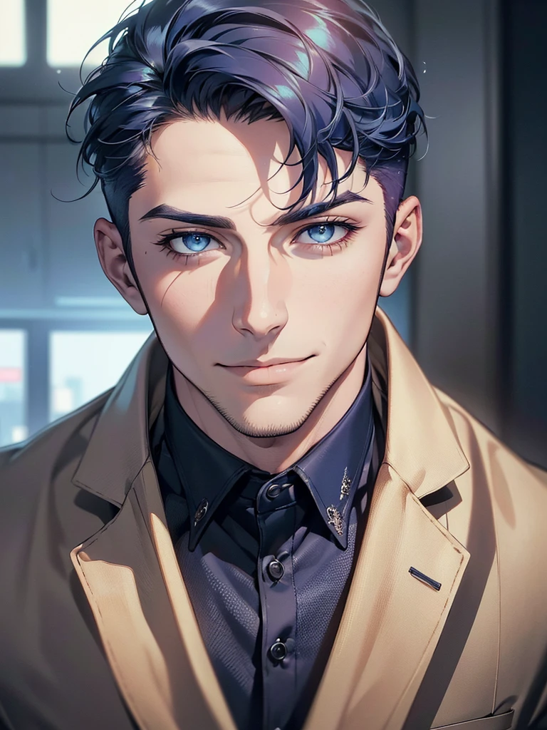 (best quality,4k,8k,highres,masterpiece:1.2),ultra-detailed,(realistic,photorealistic,photo-realistic:1.37),1 man,31 years old,mature man,very handsome,without expression,smile,short blue hair,blue eyes,penetrating gaze,perfect face without errors,imposing posture,businessman,office background,cinematic lighting,hdr image