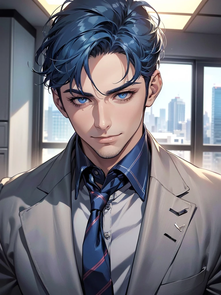 (best quality,4k,8k,highres,masterpiece:1.2),ultra-detailed,(realistic,photorealistic,photo-realistic:1.37),1 man,31 years old,mature man,very handsome,without expression,smile,short blue hair,blue eyes,penetrating gaze,perfect face without errors,imposing posture,businessman,office background,cinematic lighting,hdr image