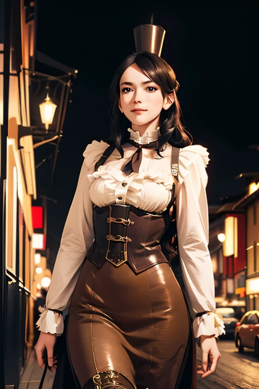 Highest quality High resolution Stockholm at night Cute woman in steampunk costume
