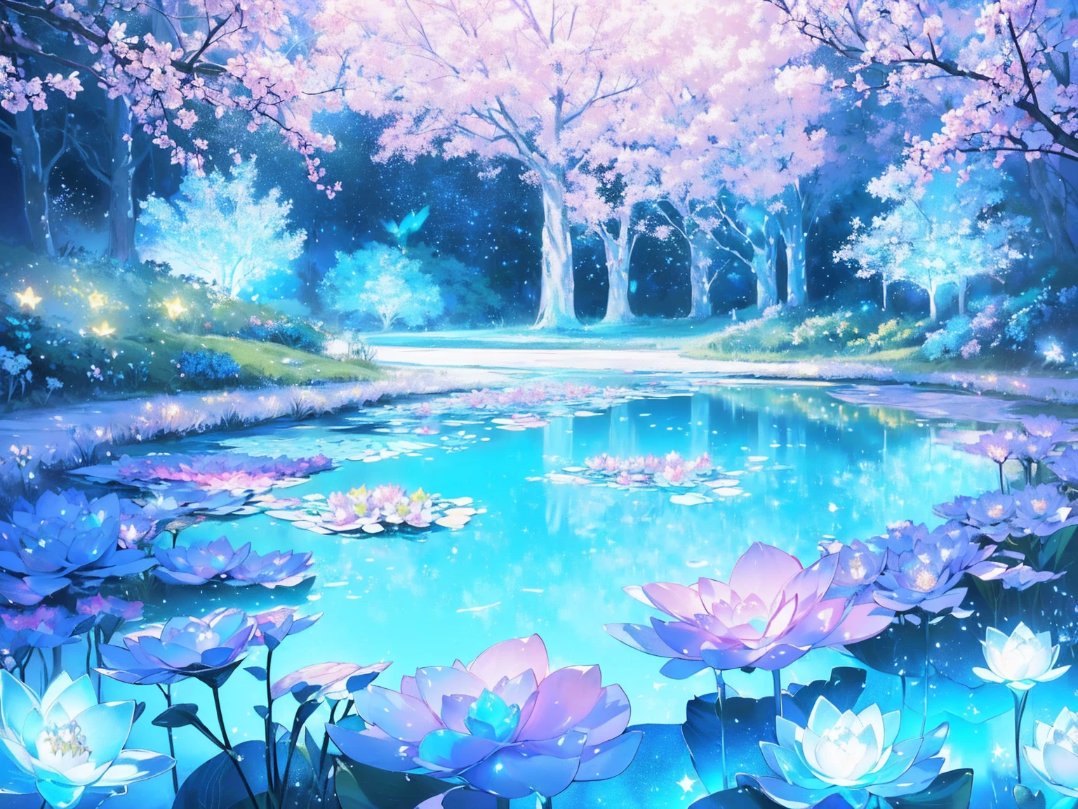 Mystical landscape with ((luminous starry blue and white flowers emitting light particles surrounding pond)), iridescent aqua and seafoam green butterflies, beautiful sakura tree, (((unique view with extremely vivid multicolors without any people))), {extremely detailed 16k CG unity wallpaper}, expansive natural landscape photography, (wide open field view), (low angle shot),complex details, (iridescent colors: 1.6), (dark night lighting), (atmospheric lighting), Dreamy, unique, no people, reflections perfect,(no humans),landscape only, pixiv_fantasia,((starry glittering pond,water filled with shimmering stardust))
