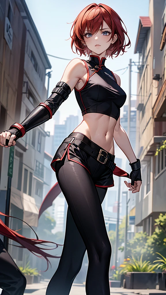 {{masterpiece}}, {{{best quality}}},{{ultra-detailed}}, {{illustration}},{{tall stature}},{{adult women}},skinny,Small breasts,Slender body,{{fighting stance}},((Leggings with integrated shorts)),((Black leggings)) Female Fighter　Red hair short cut　Sleeveless blouse　Martial Arts Belt　,Chinese style,Cowboy Shot, black fingerless gloves,Street Fight,Slums during the day,1 female,alone, Elbow guard 