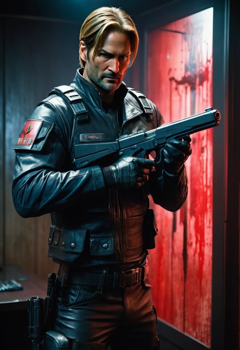 faithful image of actor Josh Holloway dressed in costume "Leon kennedy" from the game "Resident Evil 2 remake", He has a gun in his hand and points it forward, serious face, detailled image, he is inside a closed private room with ultra futuristic LED light, has a logo "umbrella" on the wall, there is an Umbrella corporation logo behind it, his face is covered in blood, he holds a pistol with both hands, , he's shooting a zombie, high resolution