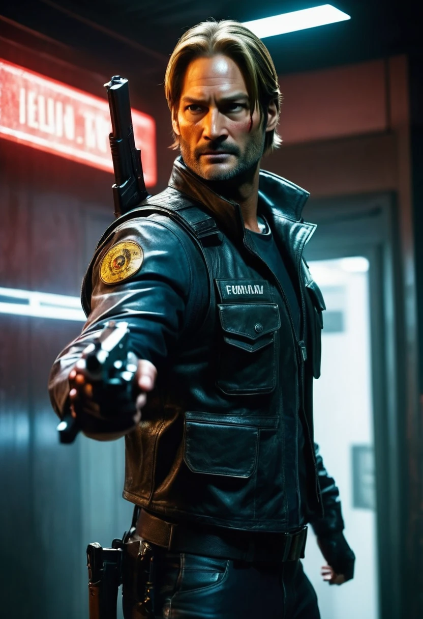 faithful image of actor Josh Holloway dressed in costume "Leon kennedy" from the game "Resident Evil 2 remake", He has a gun in his hand and points it forward, serious face, detailled image, he is inside a closed private room with ultra futuristic LED light, has a logo "umbrella" on the wall, there is an Umbrella corporation logo behind it, his face is covered in blood, he holds a pistol with both hands, , he's shooting a zombie, high resolution