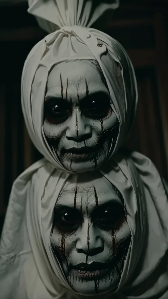 Pocong . Ghost.(( Scary face.))((White eyes)) Skeleton.  Movie mood horror. Bood on face. ((Realistic)). Big eyes. White eyes.