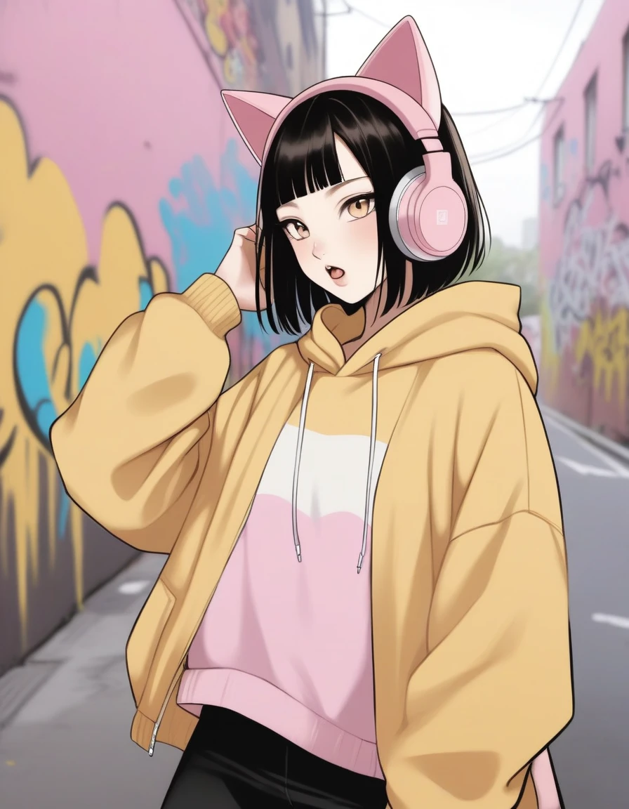Cute cat girl hinata sexy peitos grandes roupas rasgadas ed in a yellow gold hoodie all withe pastel Black accents, oversized headphones snugly fit around its neck, bebendo um café bem quente mid-action as it maneuvers through an urban setting, backdrop of graffiti-covered walls, contemporary streetwear fashion vibe, pastel tones, soft-focus background, bokeh lights, digital painting, ultra fine, ultra realistic