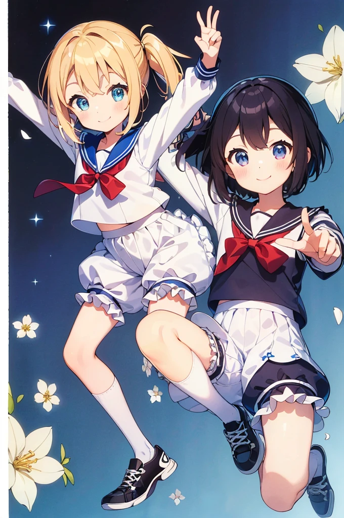 Several elementary school students, (masterpiece:1.8),(Highest quality:1.8),(Very detailed:1.8),(8k:1.8),(Ultra-fine Illustration:1.2),Random Hairstyles,Flat Chest,Long sleeve sailor suit,Butt,(Frills,Bloomers:1.5),(Pose with a smile:1.5),running,(Full body angle),, Gymnastics