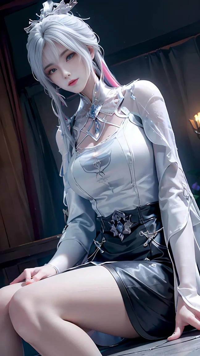 a white hair、Close-up of miss wearing white mask, Beautiful character painting, Gu Weiss, Gurwitz-style artwork, White-haired god, author：Yang Jie, Epic and beautiful character art, Stunning character art, author：Fan Qi, by Wuzhun Shifan, pixiv Art Street Guviz, Single ponytail, insult, High Ponytail, Tall and big, Long legs, (Sleeveless lace shirt), (shorts), (Striped )), ((Striped )), Walk, elegant, dignified, miss, Beautiful curves, sweet smile, Strong sense of detail and layering, Rich and colorful color, Has a unique texture, rich and colorful, color, vivid, Design Art, 16K, Very detailed, {{illustration}}, {Extremely refined}, {Exquisite surface treatment}, Very detailed, Delicate and shining eyes, {{Light}}, 极致灯Light效果, Model: realism, CFG size: 12, Laura: Bright texture (1.35), high quality, masterpiece, Exquisite facial features, Delicate hair depiction, Detailed depiction of the eyes, masterpiece, best quality, Light line tracing, Extremely detailed CG unified 8k wallpaper, masterpiece, best quality, (1 girl), Perfect body, (((tight white t shirt))), beautiful eyes, (Delicate face), Black short hair, Tie your hair up, Light blue hairpin, Black Silk Frame Glasses, in class, (White skin), (Optimal Lighting), (Super intricate details), 4K Unified, (Very detailed CG), Showing off her white legs, , Hot Pants, shorts,性感Long legs, Thin waist, Sweat is running down my waist, Showing belly, Extremely detailed depiction, Pink Hair, Asymmetrical bangs, Transparent clothes, Hands on thighs, 把目Light移开, 8k resolution, Raise an eyebrow, Shiny hair, Flower head, Wristband, bandage，Leather sexy pose, simple grey background, Climbing towards the audience, Kitten pose, Get on all fours,