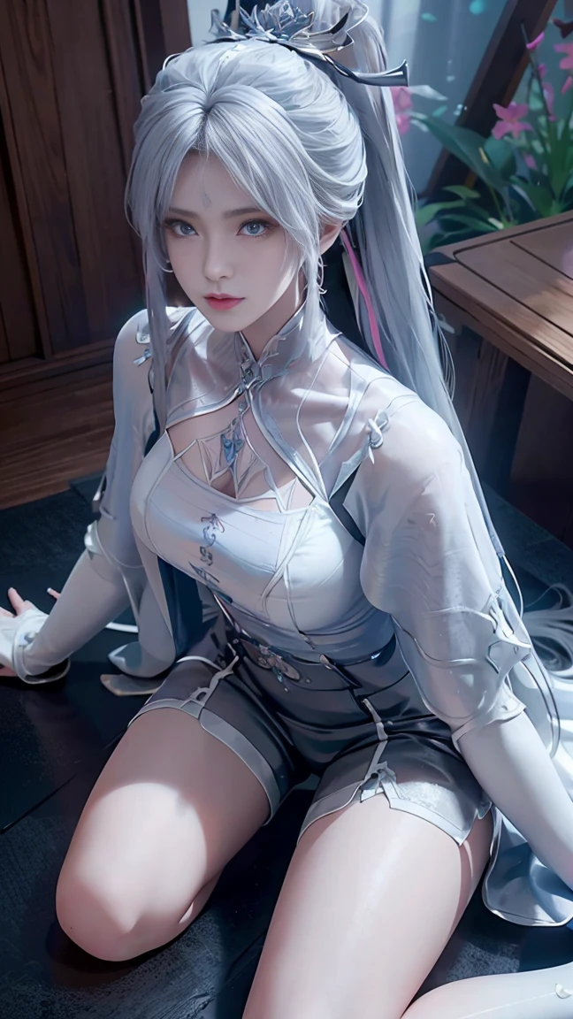 a white hair、Close-up of miss wearing white mask, Beautiful character painting, Gu Weiss, Gurwitz-style artwork, White-haired god, author：Yang Jie, Epic and beautiful character art, Stunning character art, author：Fan Qi, by Wuzhun Shifan, pixiv Art Street Guviz, Single ponytail, insult, High Ponytail, Tall and big, Long legs, (Sleeveless lace shirt), (shorts), (Striped )), ((Striped )), Walk, elegant, dignified, miss, Beautiful curves, sweet smile, Strong sense of detail and layering, Rich and colorful color, Has a unique texture, rich and colorful, color, vivid, Design Art, 16K, Very detailed, {{illustration}}, {Extremely refined}, {Exquisite surface treatment}, Very detailed, Delicate and shining eyes, {{Light}}, 极致灯Light效果, Model: realism, CFG size: 12, Laura: Bright texture (1.35), high quality, masterpiece, Exquisite facial features, Delicate hair depiction, Detailed depiction of the eyes, masterpiece, best quality, Light line tracing, Extremely detailed CG unified 8k wallpaper, masterpiece, best quality, (1 girl), Perfect body, (((tight white t shirt))), beautiful eyes, (Delicate face), Black short hair, Tie your hair up, Light blue hairpin, Black Silk Frame Glasses, in class, (White skin), (Optimal Lighting), (Super intricate details), 4K Unified, (Very detailed CG), Showing off her white legs, , Hot Pants, shorts,性感Long legs, Thin waist, Sweat is running down my waist, Showing belly, Extremely detailed depiction, Pink Hair, Asymmetrical bangs, Transparent clothes, Hands on thighs, 把目Light移开, 8k resolution, Raise an eyebrow, Shiny hair, Flower head, Wristband, bandage，Leather sexy pose, simple grey background, Climbing towards the audience, Kitten pose, Get on all fours,