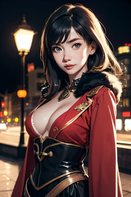 Highest quality High resolution London by night Cute woman in steampunk costume