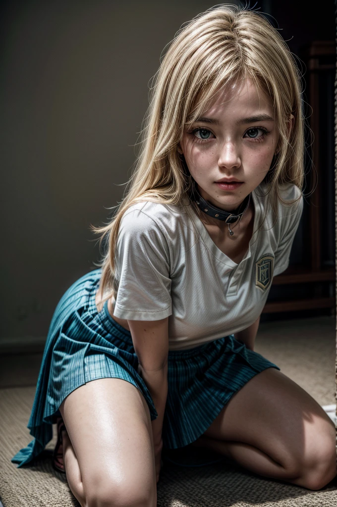 1 girl, depth of field, focus on face, close up shot, intimate shot, posing, kneeling, arms behind her back, arched back, blonde hair, Argentina national team shirt, skirt, waist high skirt, leash, collar