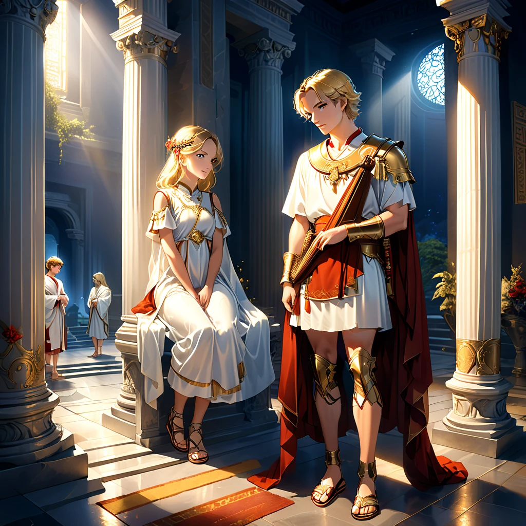 Ancient Greek temple, leaning against a pillar, a handsome young man around 20 years old, with loose shoulder-length blond hair, a Roman soldier, wearing liturgical military uniform, Roman sandals and calf and knee pads, standing leaning against the pillar and listening to the music played by a priestess, bowed slightly, holding a Roman helmet in one arm, weight on one leg with the other slightly bent, late at night, inside the temple (dark: 1.3) (unlit: 1.2), moonlight filtering in at an angle, illuminating him clearly, a young priestess sits inside the temple a little distance from him, playing a harp larger than her, holding it in front of her, late at night, inside the temple (dark: 1.3) (unlit: 1.2), moonlight filtering in at an angle, illuminating her faintly. Highly detailed, photorealistic, realistic lighting, intricate architecture, ornate decorations, cool color palettes, golden accents, soft fabric textures, seductive facial expressions, graceful poses, cinematic compositions, natural lighting, realistic shadows, mysterious atmosphere, hyper-realistic, award-winning art