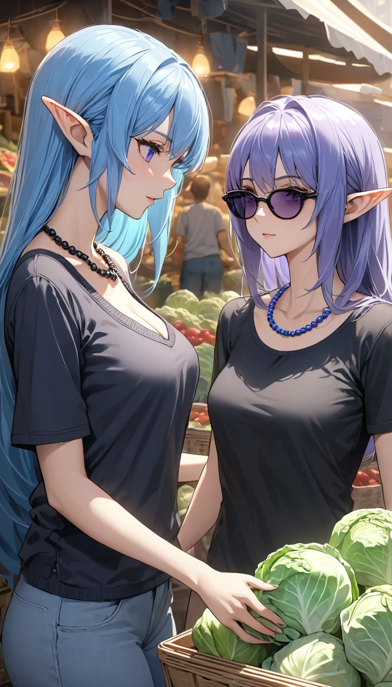 pointy ears, anime style, masterpiece, accurate, textured skin, high quality, best quality, highres, high details, super detail, elf, 1 gorgeous adult woman buying cabbage from another poor woman, in the market, long neck, one has long blue hair, the other long purple hair, bangs, perfect eyes, cleavage, soft light, high quality, 4k resolution, casual clothes, a black t shirt, bead necklace, Summer knitwear, sunglasses