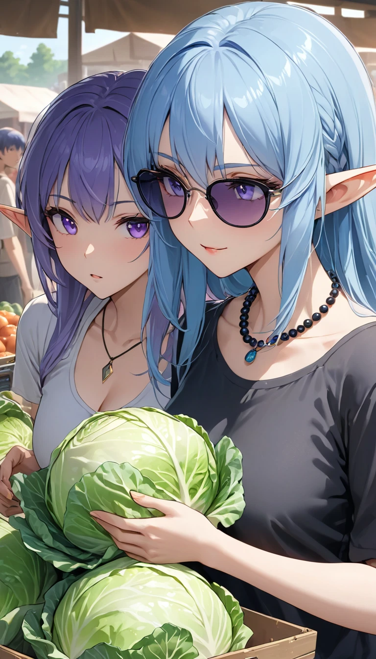 pointy ears, anime style, masterpiece, accurate, textured skin, high quality, best quality, highres, high details, super detail, elf, 1 gorgeous adult woman buying cabbage from another poor woman, in the market, long neck, one has long blue hair, the other long purple hair, bangs, perfect eyes, cleavage, soft light, high quality, 4k resolution, casual clothes, a black t shirt, bead necklace, Summer knitwear, sunglasses