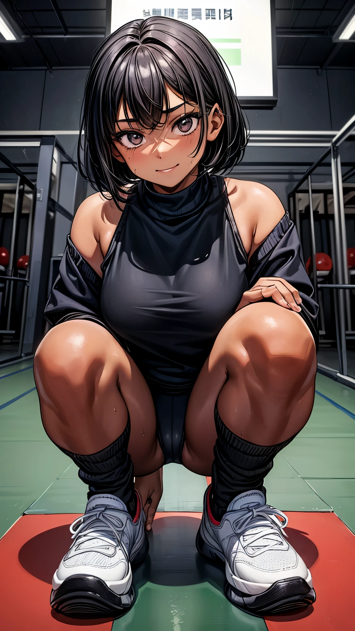 ((Face focus2.0)),,Inside the sports gym,inside the dance studio,((squatting)),One  girl,sweat,(dark skin color),short black hair,seductive smile,high-neck-leotard,((loose socks2.0)),((loose socks2.0)),sneaker.