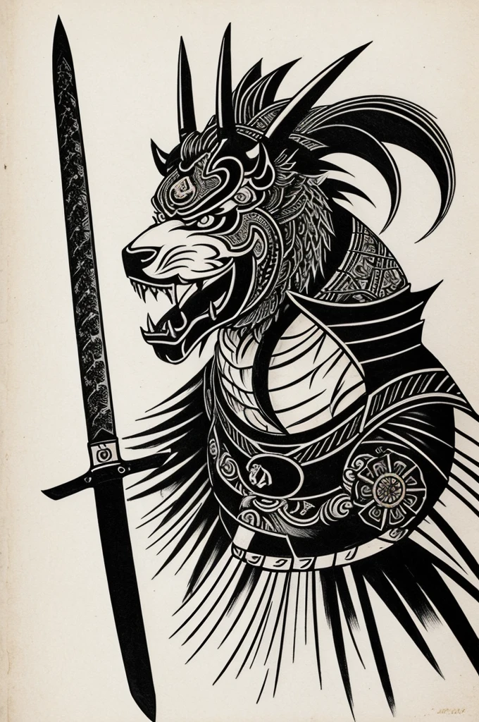 I want an image, it is for a tattoo, it has to have a black background, I want in each corner at the top is a Japanese hania mask and on the other top side is a Japanese oni mask and right in the middle of those masks is a samurai sword. white color with the sword semi-open and you can just see the blade of the sword and in Japanese letters on that sword it says overcoming