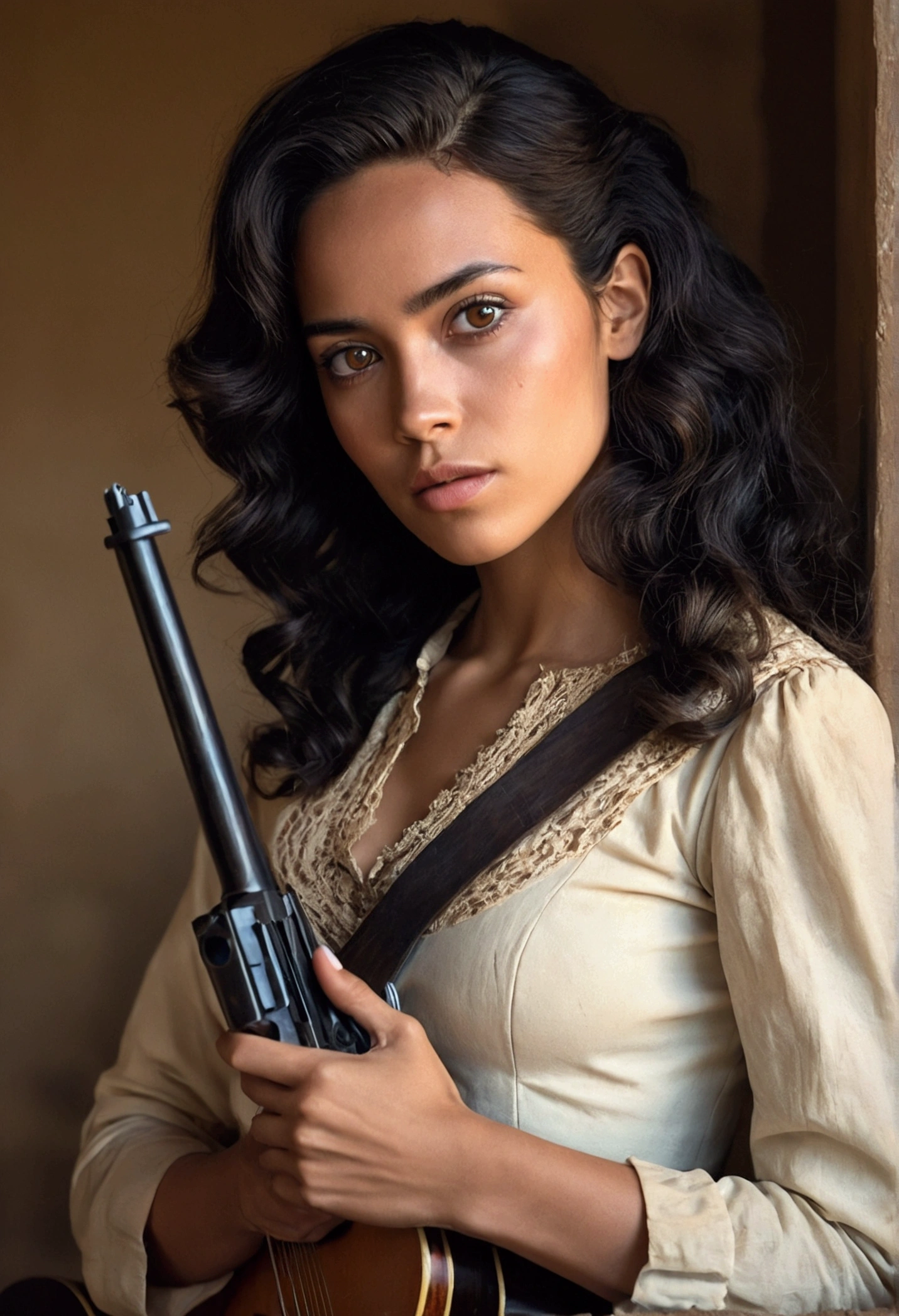 Dona africana, western film character, Sexy girl with brown eyes, ultra realist, meticulously detailed, wearing period clothes. she is holding a gun Portrait jasmin grant, brown and black hair and slanted eyes, selfie of a young woman, Olhos do quarto, no-makeup, Make-up natural, looking directly at the camera, guy with artgram, subtle makeup, Stunning full body photo, With a guitar shape