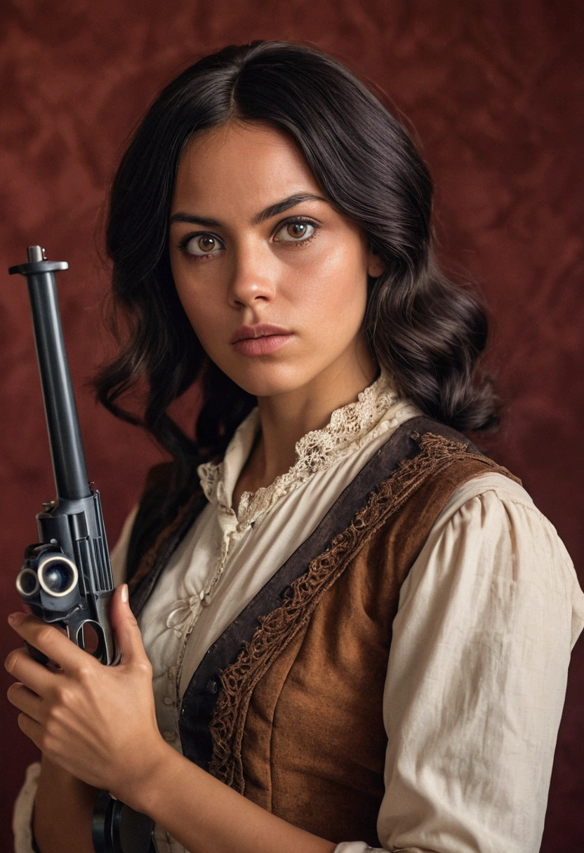 Dona africana, western film character, Sexy girl with brown eyes, ultra realist, meticulously detailed, wearing period clothes. she is holding a gun Portrait jasmin grant, brown and black hair and slanted eyes, selfie of a young woman, Olhos do quarto, no-makeup, Make-up natural, looking directly at the camera, guy with artgram, subtle makeup, Stunning full body photo, With a guitar shape