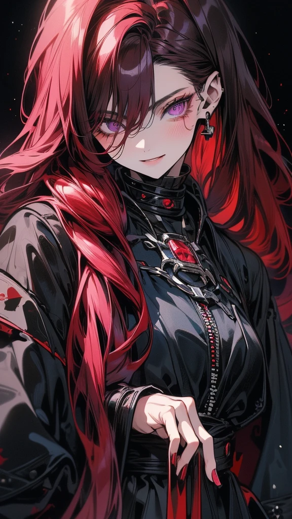 (Top resolution、Distinct_image)top-quality、A girl、​masterpiece、highly detailed, half body, Semi-realistic、purple eyes 、18year old, dark red hair,young 、Exquisite facial features、Facial features ,variation potrait, long  hairstyles, teenage, cool , cold sharp eyes, An expression of despair., lifeless eyes, blood on face and clothes, , {Very detailed 8k CG unit wallpaper}, Handsome, solo, female, vampires, dark cloak , loyalty , black clothes 
