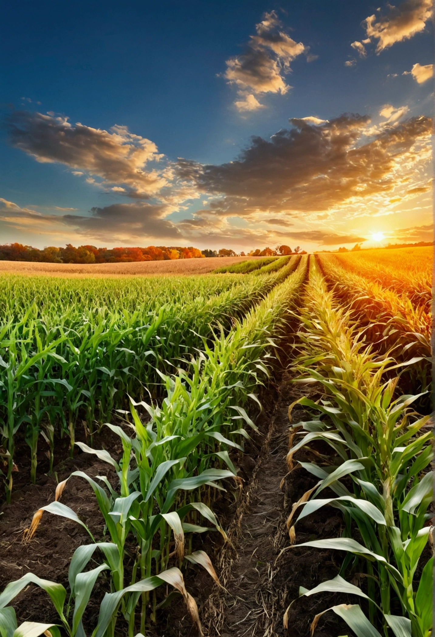 high resolution,HDR,Sharp focus,Extremely detailed,Practical,Cornfield,landscape,photoPractical,Bright colors,Natural Lighting,calm的,serene,farmland,harvest,autumn,windy,Quiet,Rolling Hills,Beautiful texture,Grassy,Golden corn stalks,Tall Crops,Blue sky,Fluffy clouds,Rustling Leaves,a magnificent sunset,calm,Unspoiled nature,,abundant natural resources,Organic farming,sustainable agriculture,Lush greenery,The Gift of Land,fresh air，reality。