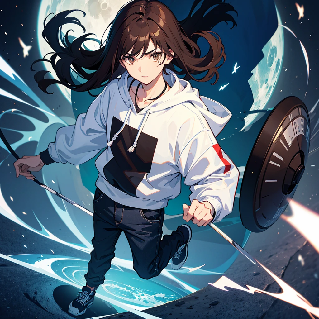 a boy with dark brown hair, dark brown eyes, white moon necklace, white  shirt, black hoodie, dark blue jeans, black sneakers.