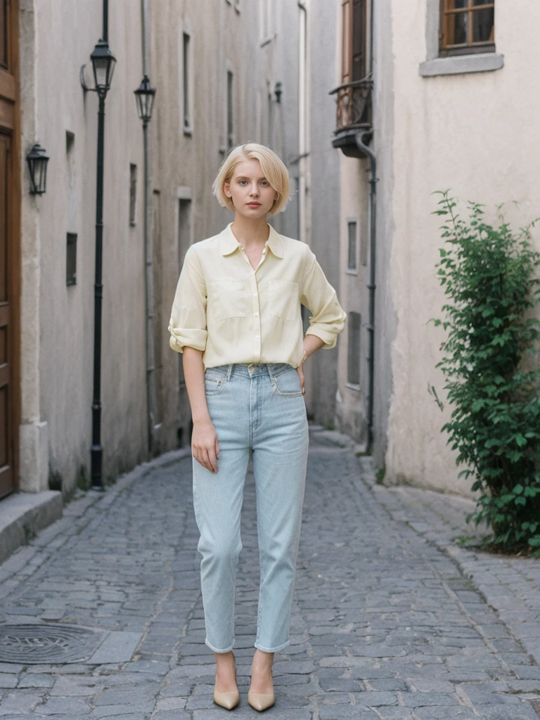 her name is Amelie, high quality, 1girl, ((25-year-old fit Caucasian woman)), ((25 years old)), ((SLIM)), ((short blonde hair)), pose: standing, wearing fashionable Generation-Z modern wear pastel colored, BACKGROUND: "Wandering through the historic Old Quebec, with its cobblestone streets and charming European architecture."