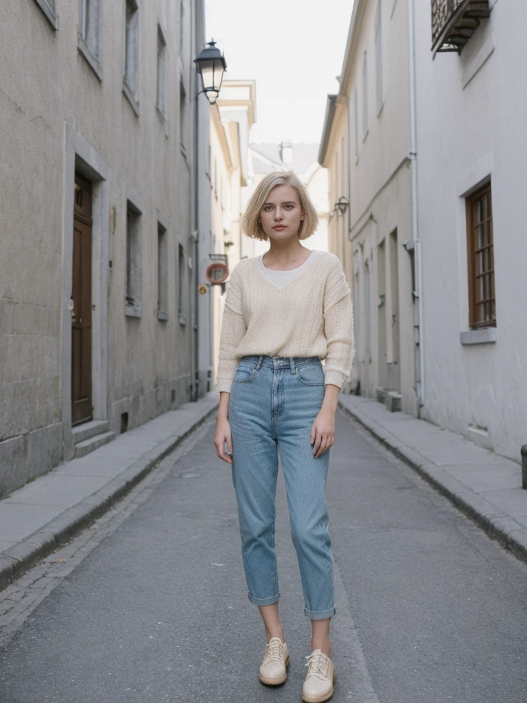 her name is Amelie, high quality, 1girl, ((25-year-old fit Caucasian woman)), ((25 years old)), ((SLIM)), ((short blonde hair)), pose: standing, wearing fashionable Generation-Z modern wear pastel colored, BACKGROUND: "Wandering through the historic Old Quebec, with its cobblestone streets and charming European architecture."