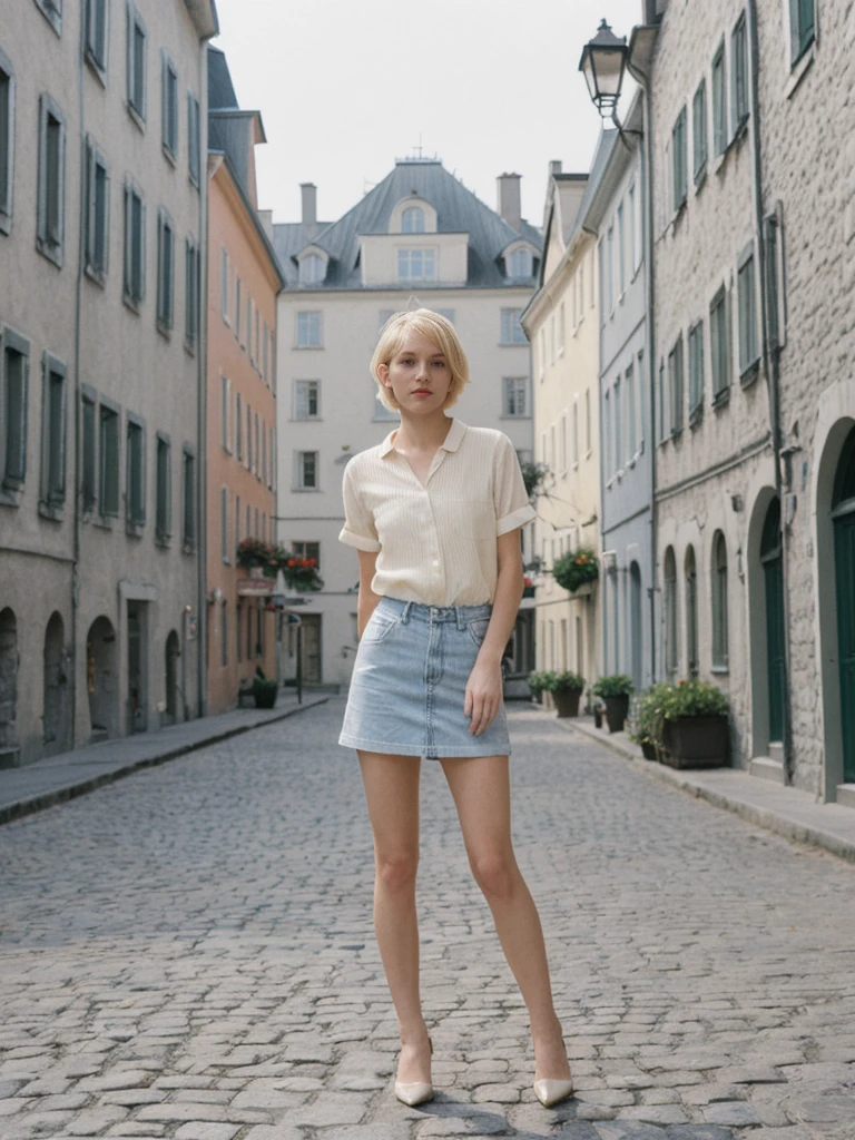 her name is Amelie, high quality, 1girl, ((25-year-old fit Caucasian woman)), ((25 years old)), ((SLIM)), ((short blonde hair)), pose: standing, wearing fashionable Generation-Z modern wear pastel colored, BACKGROUND: "Wandering through the historic Old Quebec, with its cobblestone streets and charming European architecture."