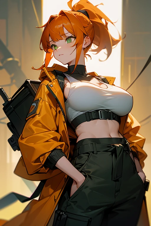 big breasts, big ass, wears a white tank top, yellow coat tied at the waist, katana on the back, wired headset connected to an mp3, black backpack, Waist slender,, orange hair with ponytail, bangs, yellow coat tied at the waist, hair orange, big boobies, brown cargo pants, ginger, big , big ass, white tank top, green eyes, orange hair, big boobies