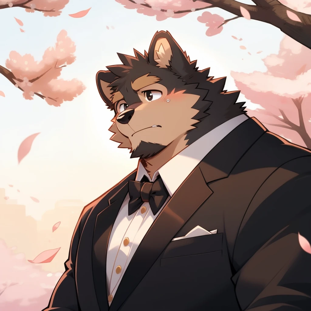 Scribble 德国牧羊dog face,cry,Humanity(dog),(Formal wear:1.3),Muscular,(Brown eyebrows:1.1),（Close one eye:1.2）,(Perfect black eyes),Cherry blossoms,Black fur。（artist:Takemoto Arashi）