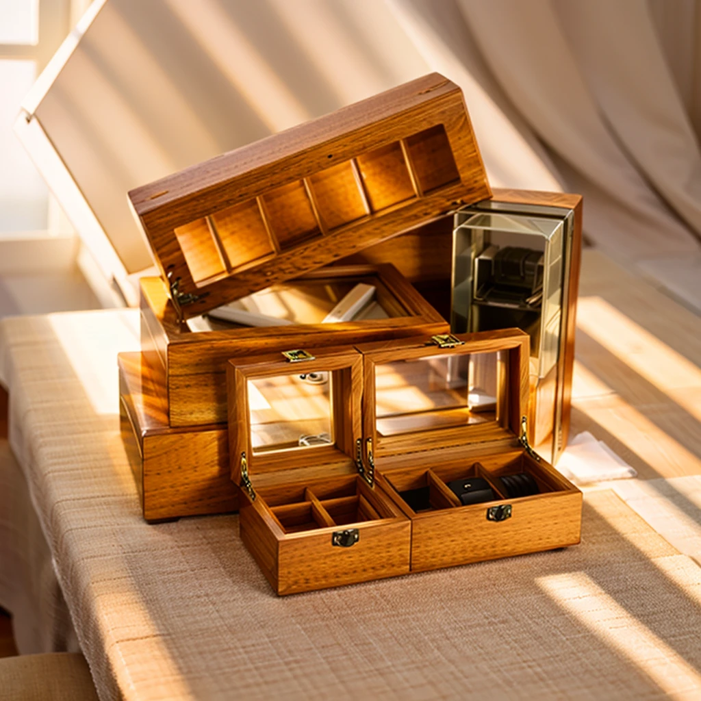 In this cozy room,A ray of sunlight shone on the table through the half-drawn curtains,Let the wood grain on the watch storage case shine with a faint sheen。There is a calm and serene atmosphere in the surrounding air。Several still lifes hang on the walls of the room,It adds a touch of elegance to the space。And on the other side of the room,A half-open window lets the breeze blow in,The pages on the small desk by the window flipped in the wind,This quiet scene gives a sense of tranquility and comfort。