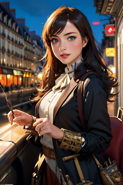 Highest quality　High resolution　Paris by night　Cute woman in steampunk costume　