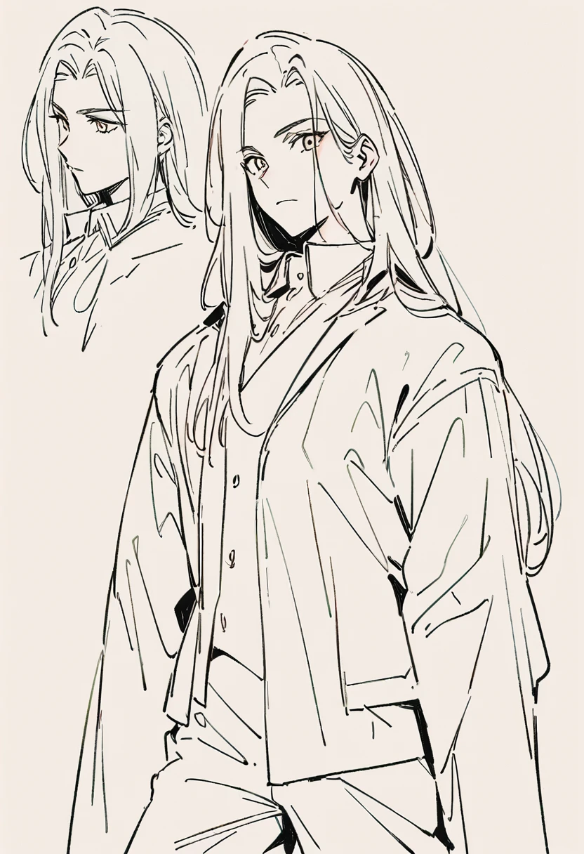 (best qualityer,high resolution,work of art:1.2),ultra detali,Anime line art:1.1,black andwhite,line art,manga style, a man with long hair, van hellsing clothes, whisker, stark