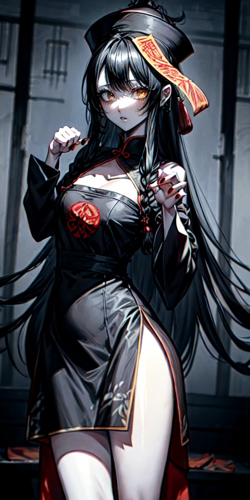 lora:flat:-1.2, masterpiece, best quality, 4k, 8k, 1 woman, solo, pale skin, tall stature, long hair, blunt bangs, side braid, black hair, ugly face, bad face, bad eyes, droopy eyes, unclear eyes, ruby red eyes, lemon yellow eyes, pale skin, black eyeliner, black eye shadow, heterochromia, slender frame, frightened, ofuda, jiangshi costume:1.2, sheath long skirt, China dress, fang, horror, coffin, forest, dark night, stormy weather, fog, from front, cowboy shot, look at viewer, paw pose,