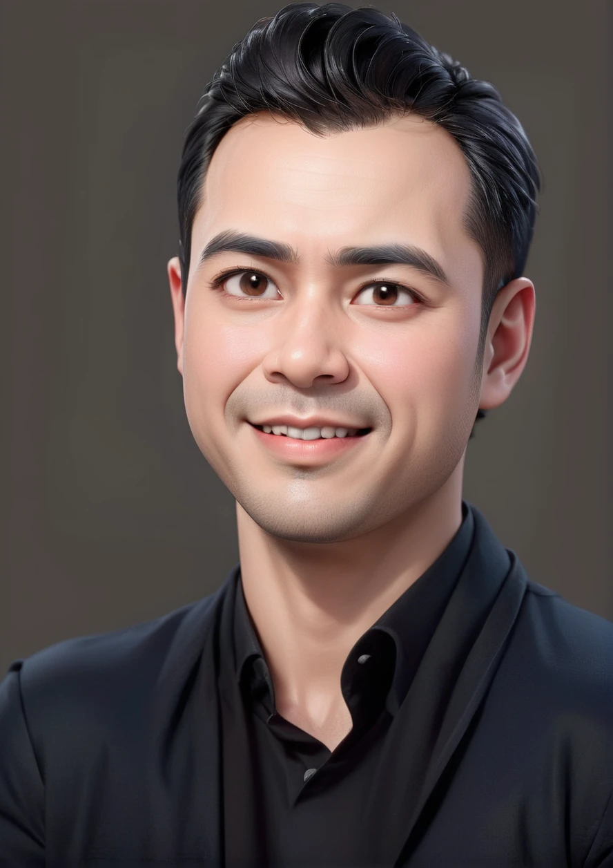 Create a 3D animation of a big-headed cartoon caricature. a 30 year old Indonesian man with short, slightly wavy black hair brushed back, round head facing forward, oval face with a strong jawline, thick straight eyebrows, almond-shaped brown eyes, a straight nose with a slightly rounded tip, symmetrical lips, and a slight friendly smile, wearing a black shirt. Gradient blue background with professional lighting. masterpiece, top quality, highly detailed skin and face, ultra-realistic, high definition, studio lighting, sharp focus, full body view, Concept Art, 3D rendering.