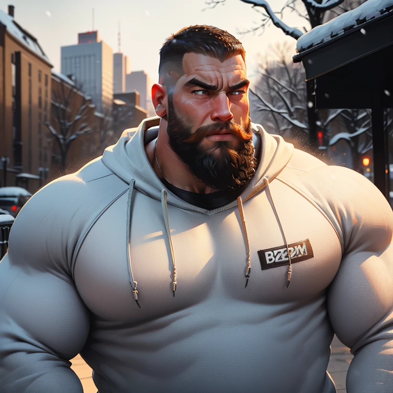 an exaggeratedly muscular and large bodyguard, beefy build, beard, american male, buzzcut hair with square line, (surprised expression: 1.2), (wearing sweatshirt: 1.2), (bara pecs: 1.3), (arm and chest hair: 1.1), close-up portrait HD, (snowy park)